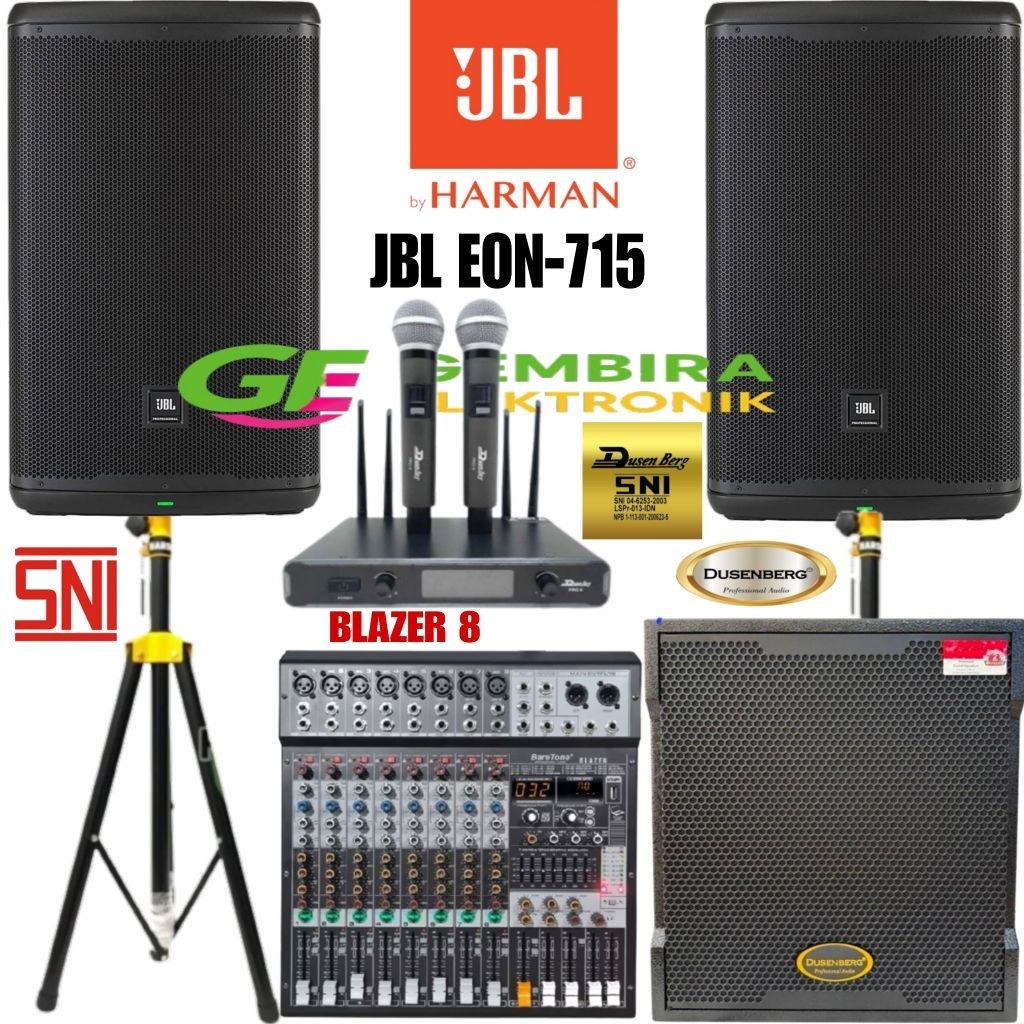 Paket Sound Speaker Aktif JBL EON 715 Full Set dengan Subwoofer Dusenberg 12 Inch Mixer Baretone Bla
