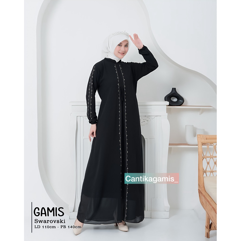 Gamis Ceruty Swarovski Polos Hitam Cantik
