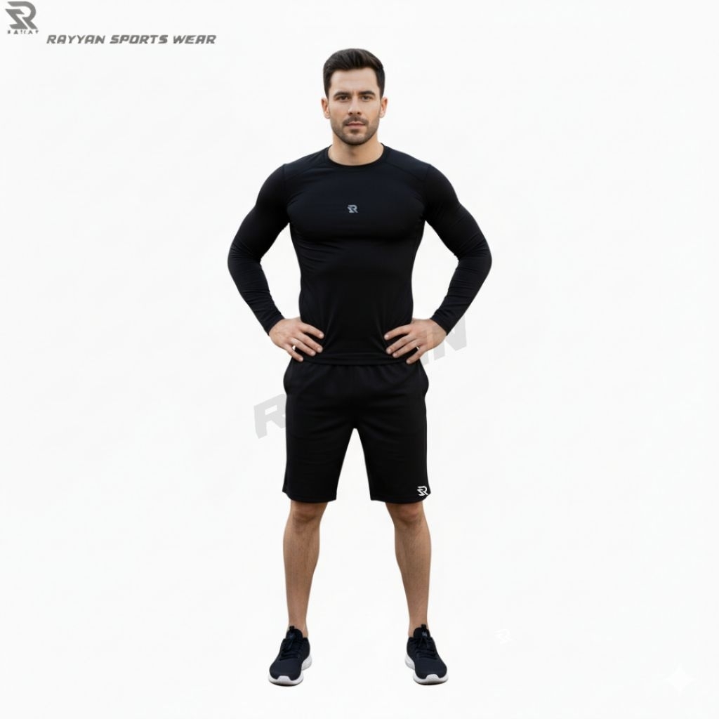 HOT PRODUCT Rayyan Sports Wear Manset Baselayer Pria Lengan Panjang Leher Pendek Stretch Fit,Manset