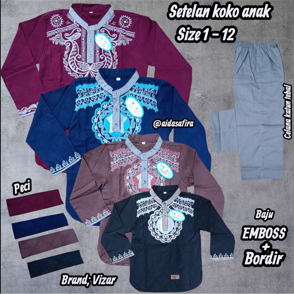 (VIZAR) SETELAN KOKO ANAK LENGAN PANJANG EMBOSS BORDIR UMUR 2 - 12 TAHUN/SETELAN KOKO ANAK LAKI LAKI