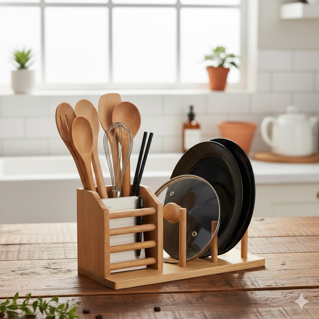 Rak Kayu Pinus Kombinasi Rak Sendok Gelas Alat Tulis Sekolah Aesthetic Serbaguna