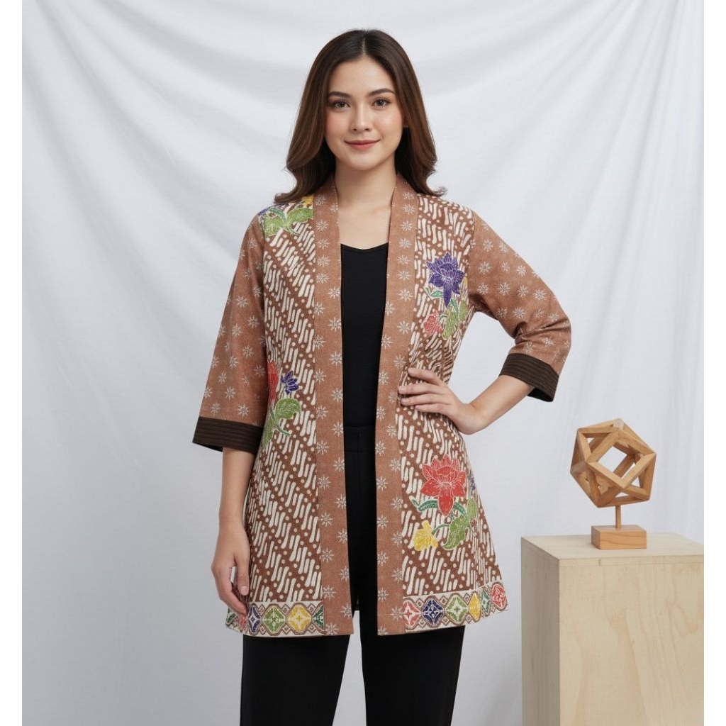 Outer Long Caramel by Carrea Batik Outer Panjang Wanita Cantik Motif Truntum Lurik Elegan