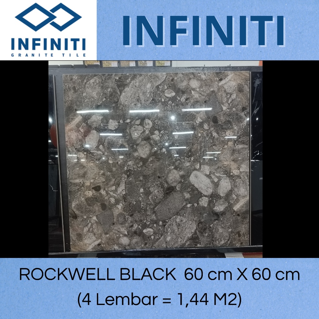 Granit Lantai Infiniti Rockwell Black 60x60 Glossy (Glazed Polished) - Motif Terrazzo Batu Alam Mewa