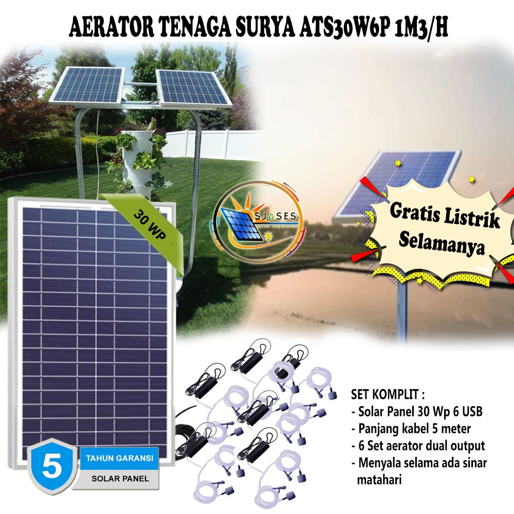 Aerator Tenaga Surya ATS30W6P 1M3/H Pompa Air Udara Aquarium Kolam Solar Panel