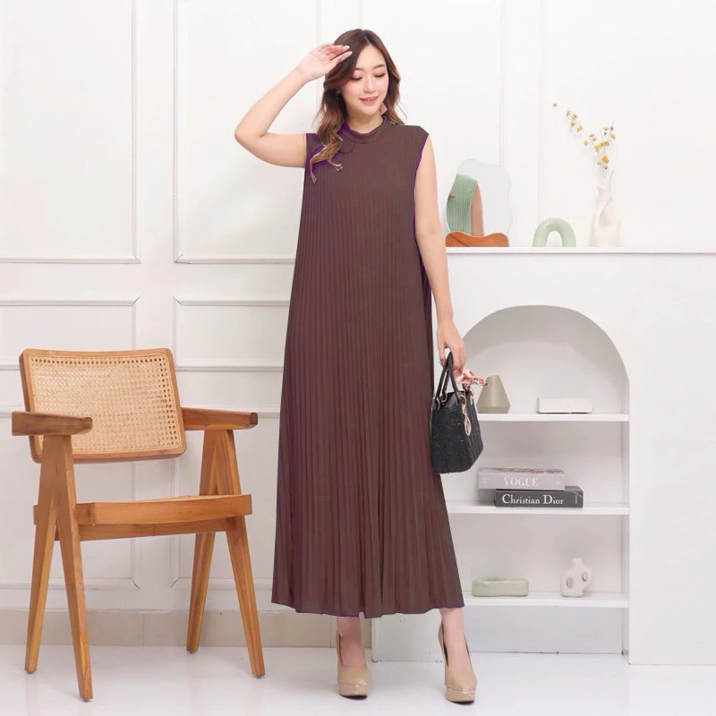 Inner Dress Gamis Plisket Jumbo Tanpa Lengan Panjang Maxi Mayung Bumil Kutung Polos Premium Abia