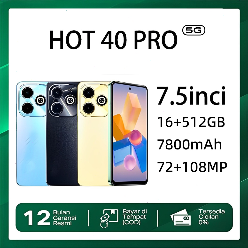 [ New arrival ] Hot 40 Pro HP Murah Original 7.5inci Layar HD 16GB+512GB android 13.0 4G/5G Dual Car
