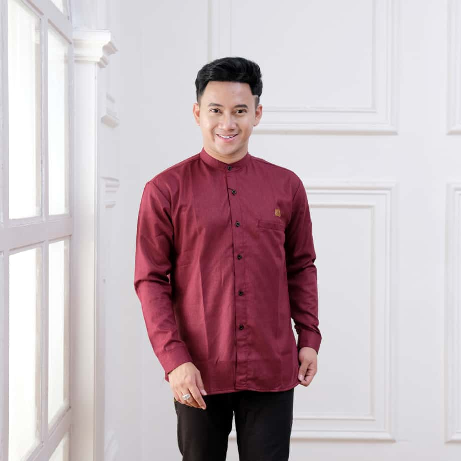 Baju Kemeja Koko Motif Polos Lengan Panjang Pria Dewasa Bahan Katun Madinah Premium