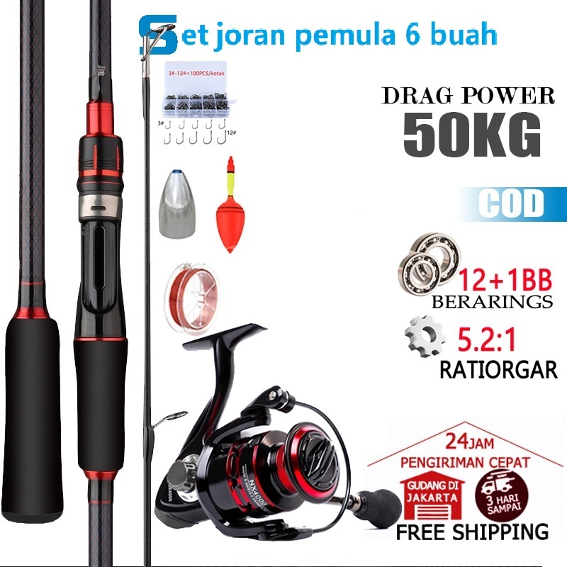 Set joran pemula 6 buah Set Pancing MURAH 165cm 180cm 210cm M Berongga Joran Pancing Set Reel Pancin