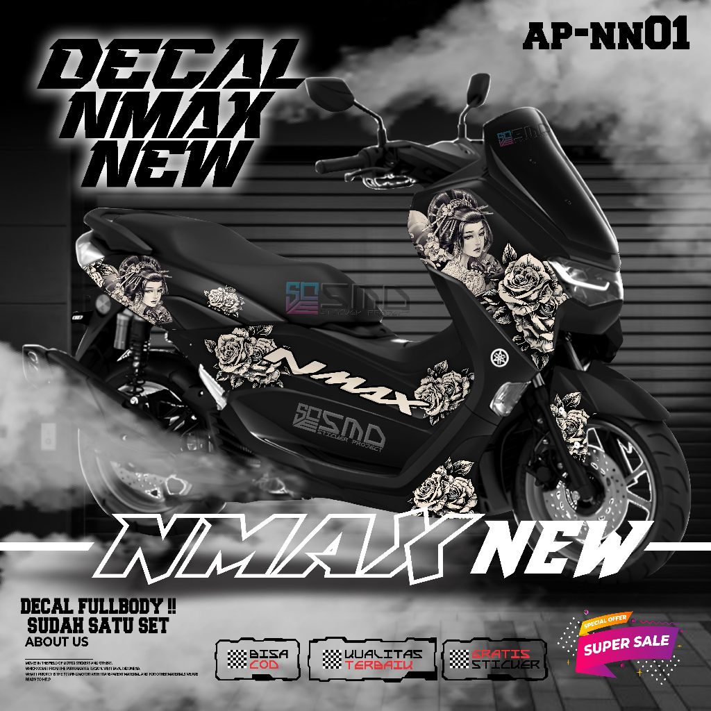 DECAL STICKER FULLBODY YAMAHA NMAX NEW MOTIF WANITA JEPANG BUNGA KEREN SATU SET
