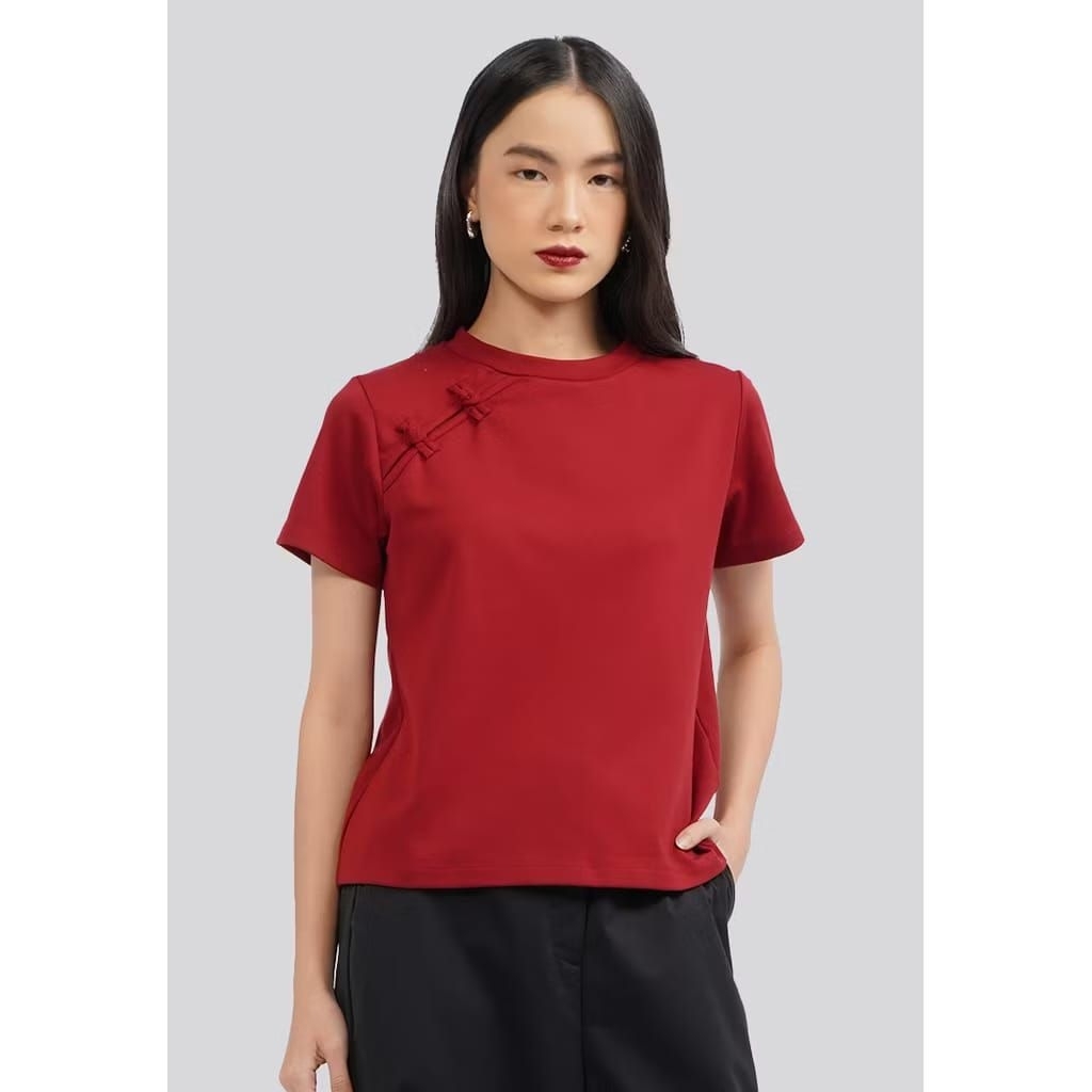 Atasan wanita executive short sleeve cheongsam crop top merah size S
