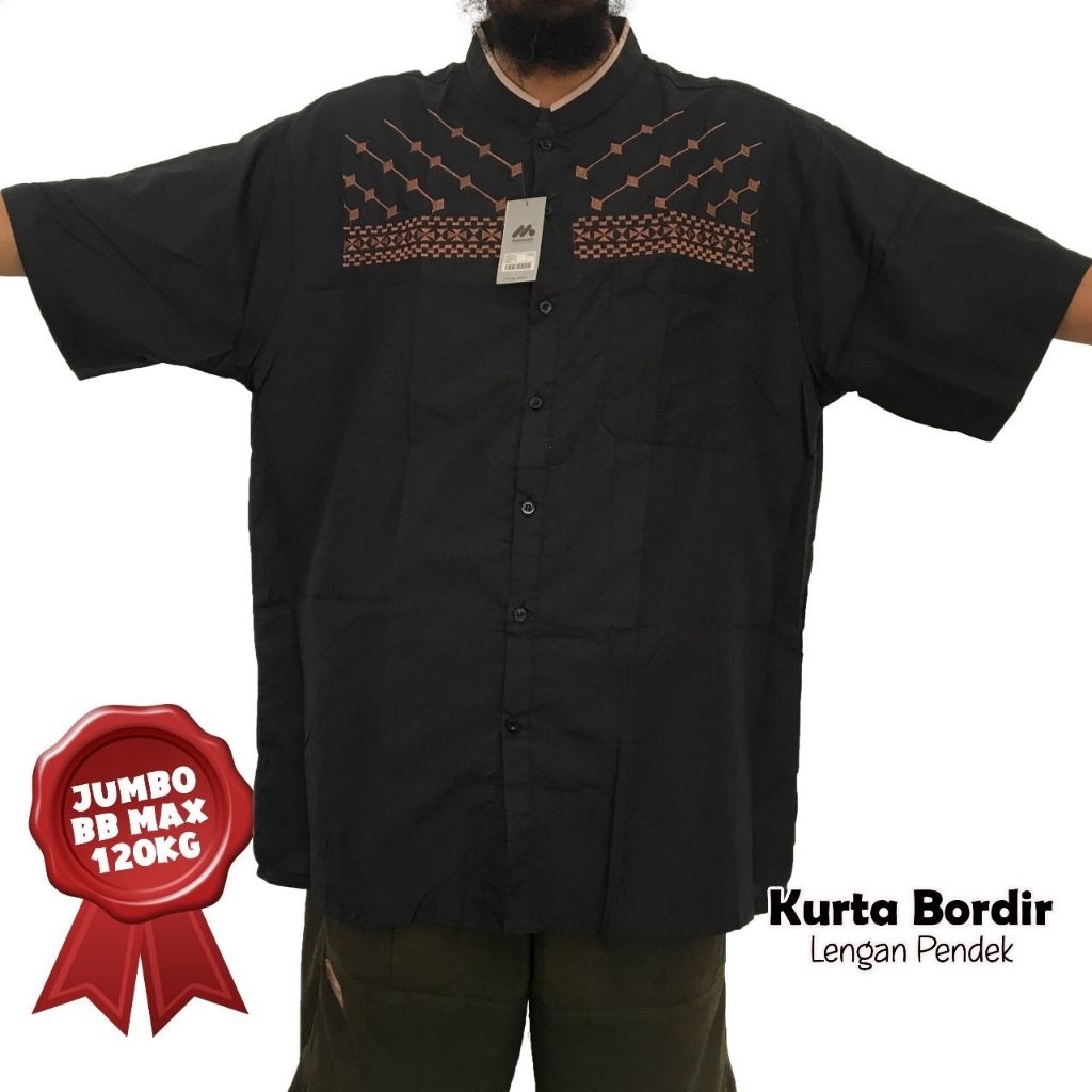 Kemeja Muslim Baju Takwa Koko Kemko Ukuran JUMBO Lengan Pendek Kombinasi Bordir Katun