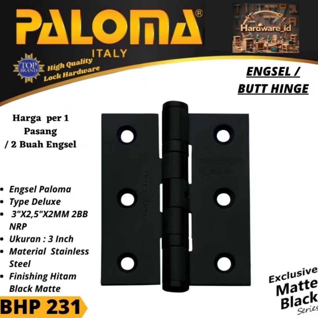 Engsel Pintu Jendela PALOMA BHP 231 | 3 Inch 40kg/Pasang | SUS 304 | 2BB + NRP | Matte Black Origina