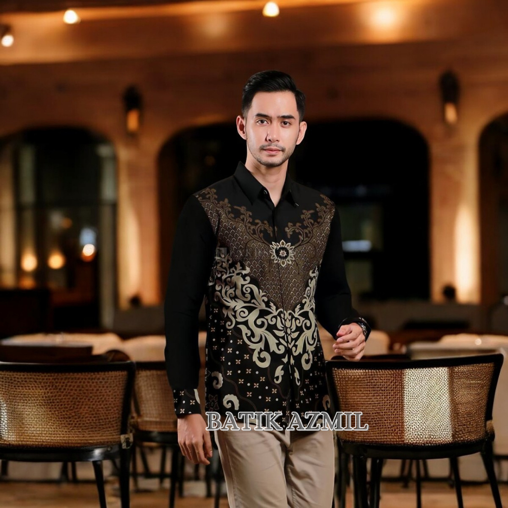 Batik Pria Kemeja Hitam Batik Lengan Panjang SIZE M L XL XXL XXL / Batik Solo XXXL Pria