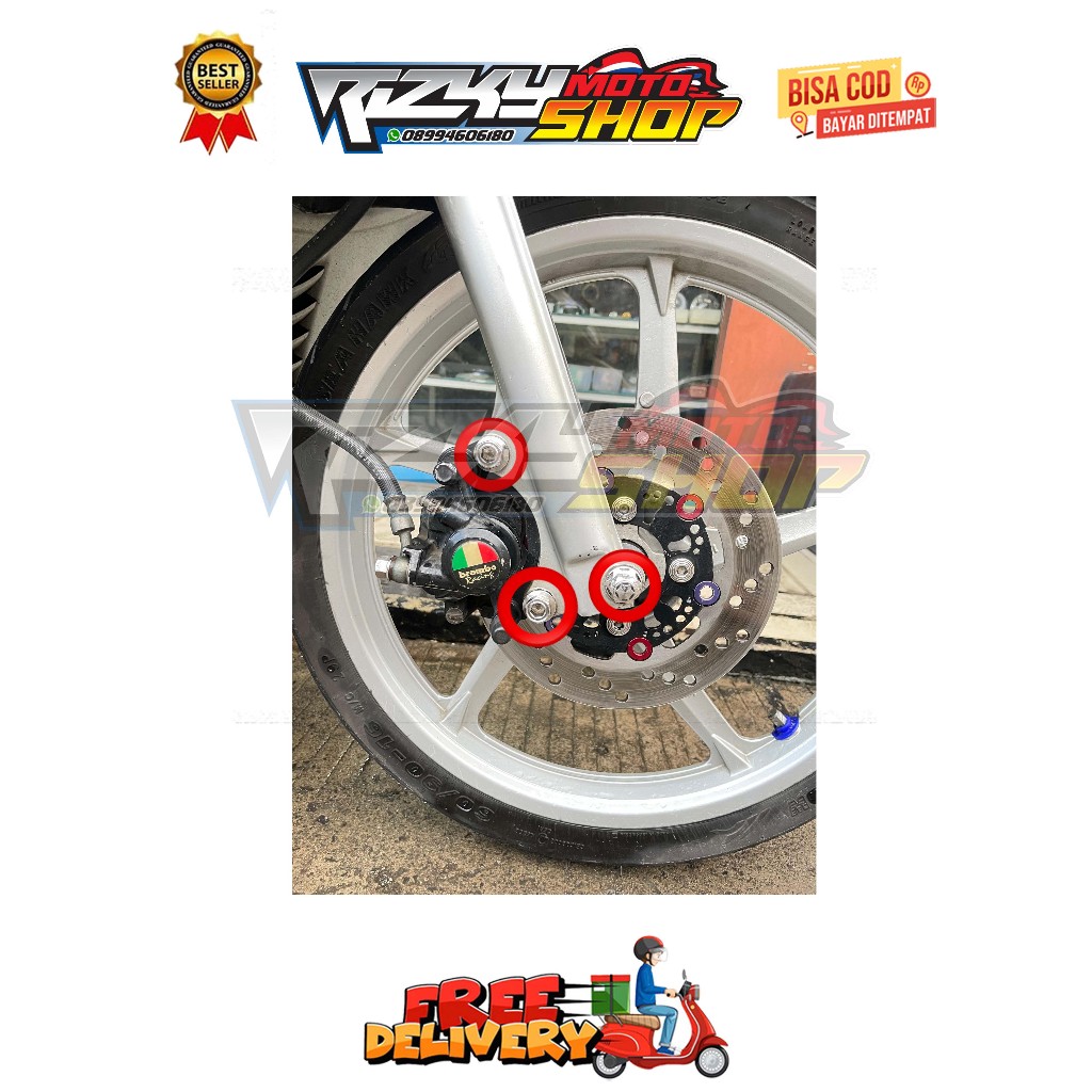 BAUT BREKET + AS RODA KALIPER DEPAN ( 3 BAUT ) MIO SMILE SPORTY SOUL FINO KARBU TAHUN 2003 - 2011 OL