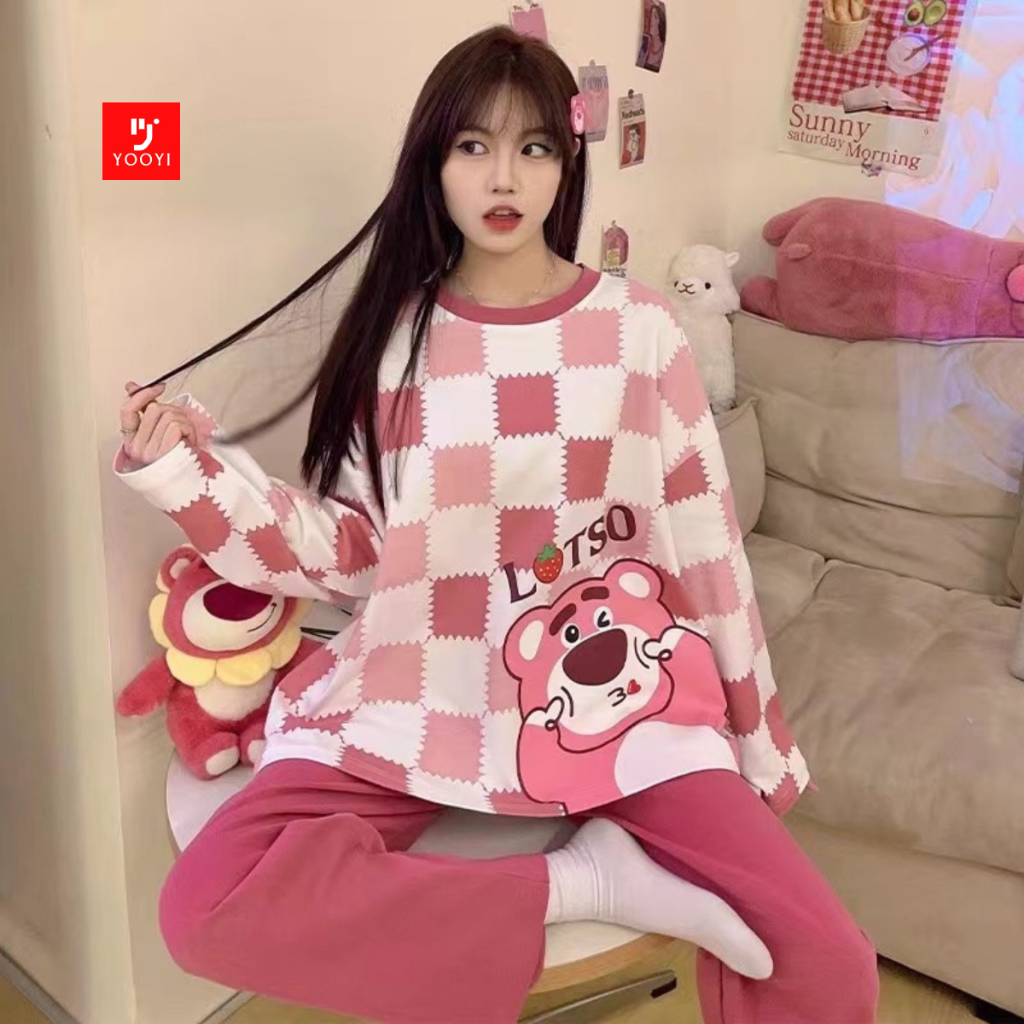 Yooyi Baju Tidur Jumbo 5XL Wanita Set Dewasa Bahan Katun Adem Lengan Panjang Celana Panjang Piyama S