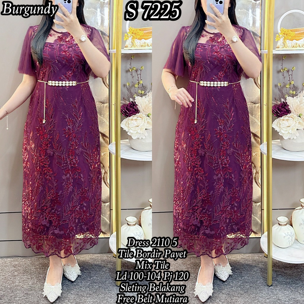 7225 #Longdress Tile Bordir Payet Kombinasi Tile Free Belt Mutiara Gaun Pesta Wanita 2110 5