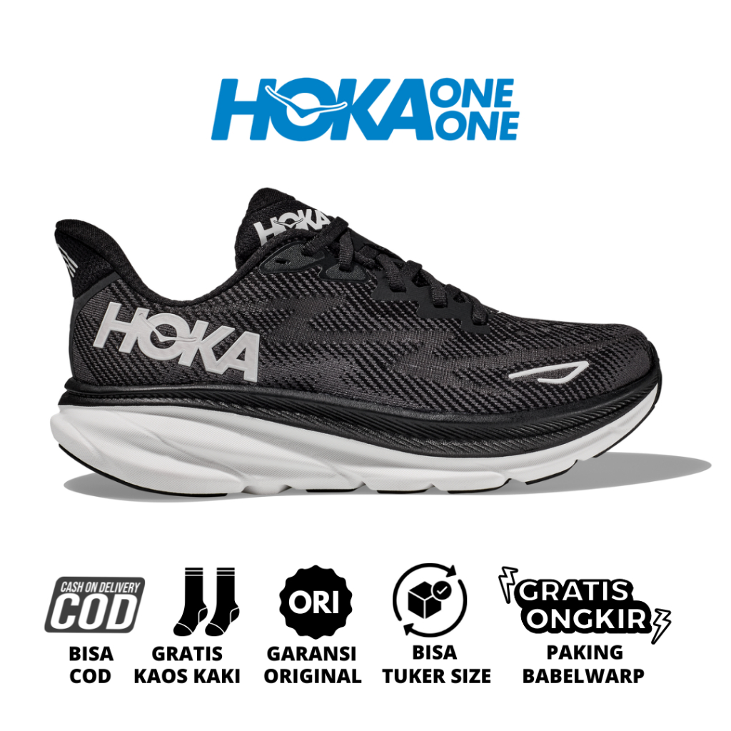 Sepatu Running Hoka Clifton 9 Mens - Black White