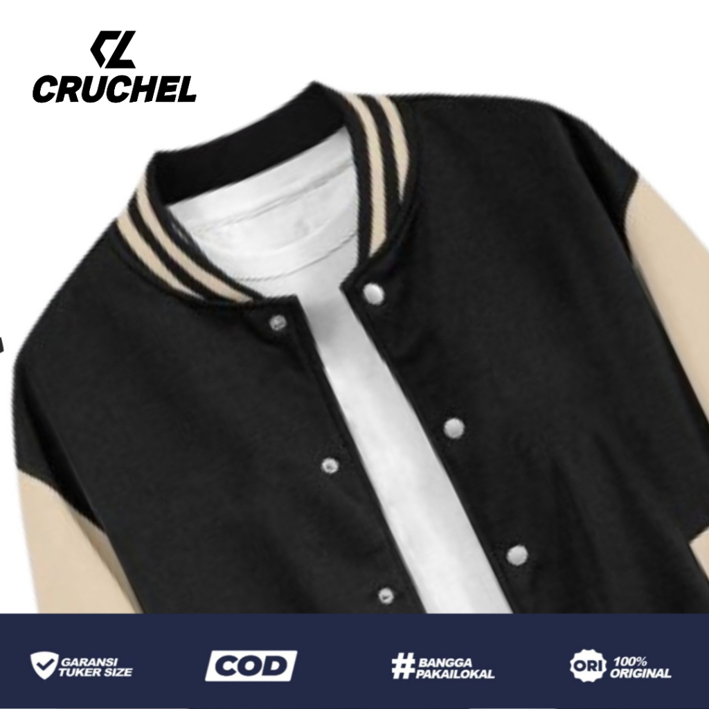 Cruchel - Jaket Varsity Polos Hitam Cream Unisex ( Pria - Wanita ) Remaja Dewasa