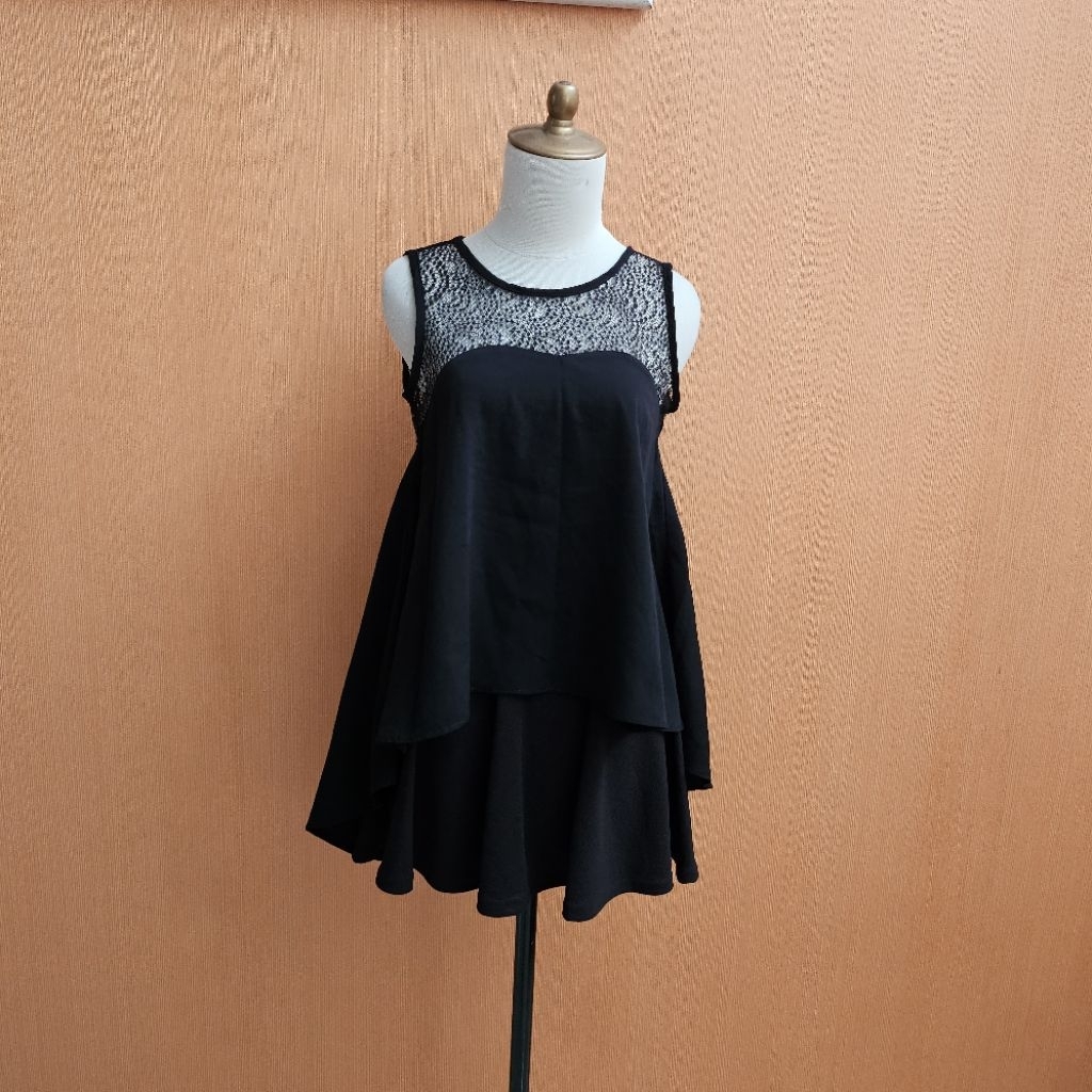 atasan wanita hitam ALLYLINE cewek S cute blouse kutung atas brokat MEWAH depan pendek belakang panj