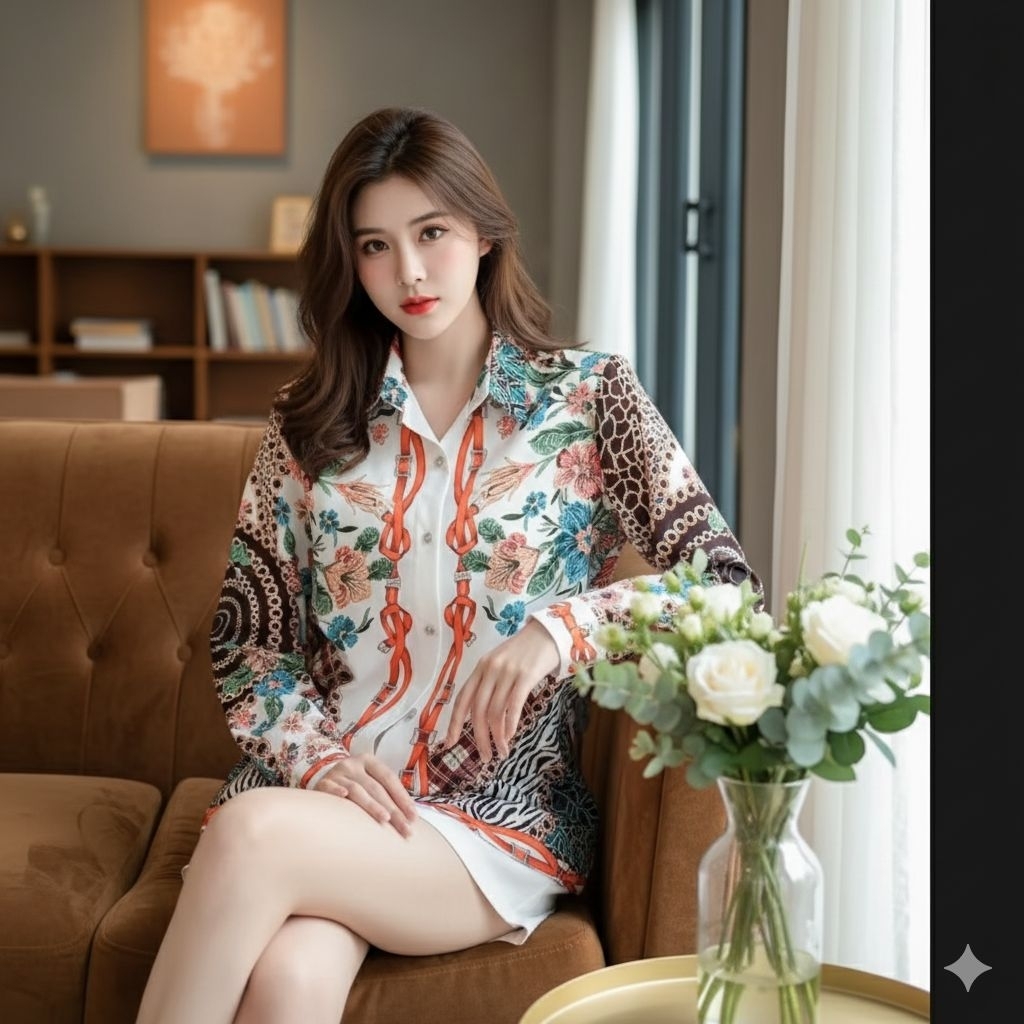 Kemeja wanita silk motif rantai modern elegant