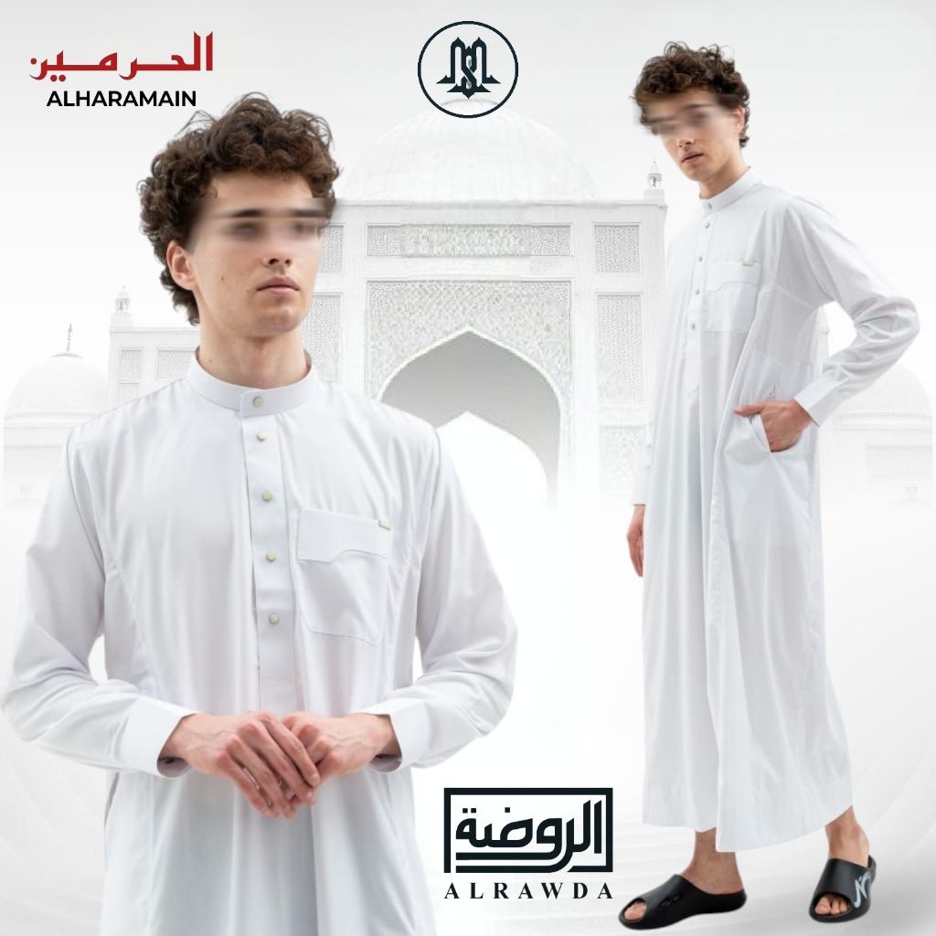 EXCLUSIVE | Jubah Saudi Premium AlRawda Bahan Poly Katun Slimfit Putih Bulat by Al Haramain | Gamis 