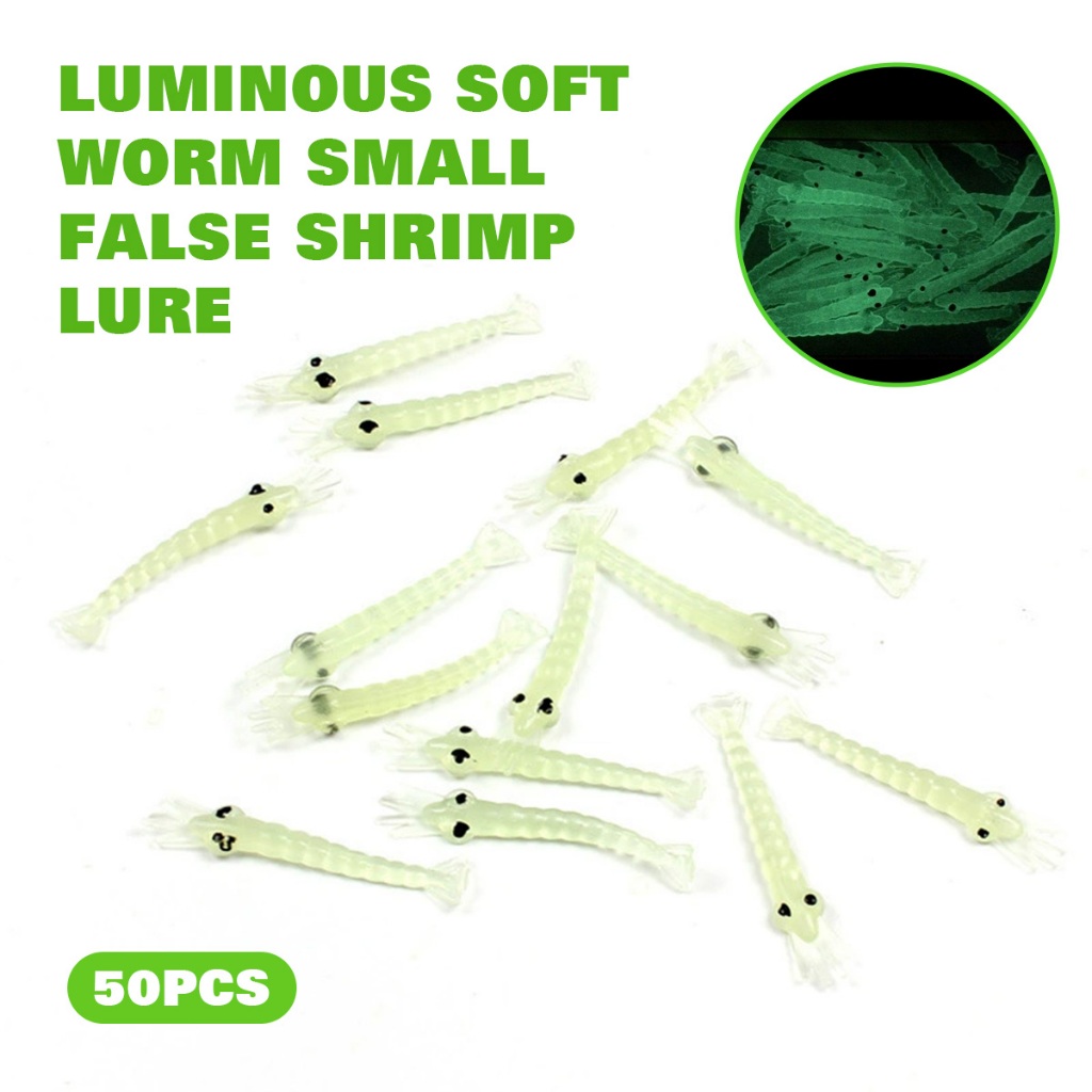 50Pcs Umpan Pancing Udang Tiruan Kecil Bercahaya Soft Lure Udang Palsu Mancing 4Cm