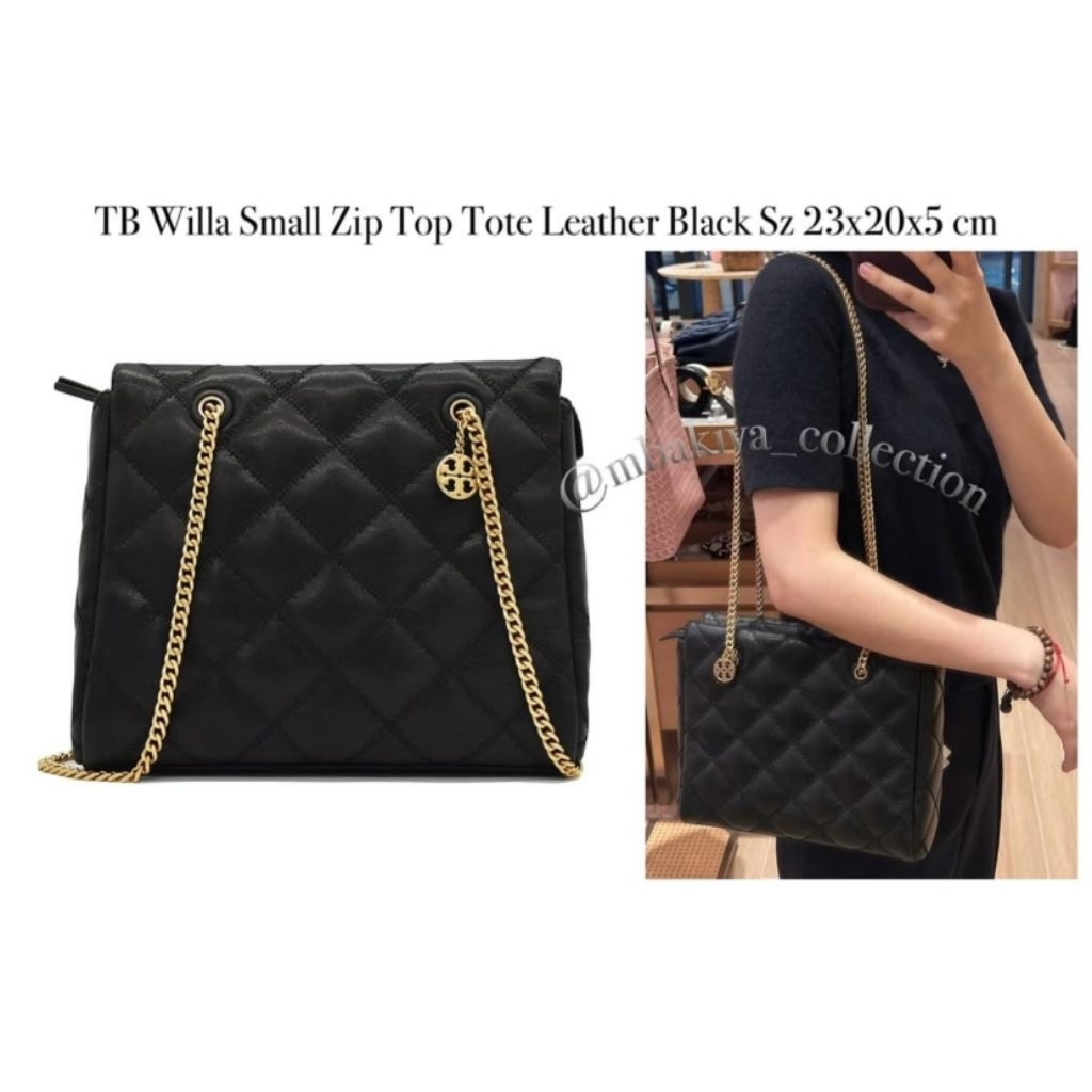 TB Willa Small Zip Top Tote Leather Black