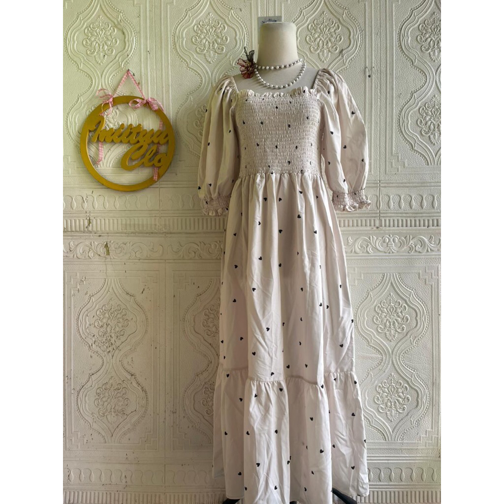 Dress korean look lengan balon dress smoke motif love long dress