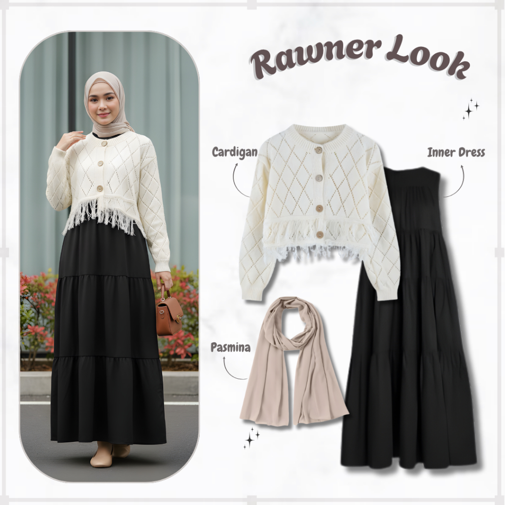 Oneset Rawner Look 3in1 - Paket Bundling Remaja Wanita Lengan Panjang - Set Cardigan Rajut Crop Top 