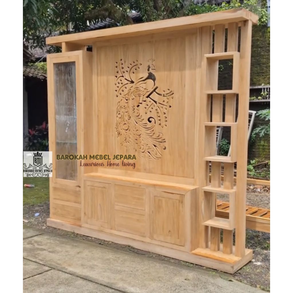 Partisi jati penyekat ruangan minimalis dua muka ukiran mewah pembatas ruangan kayu jati Perhutani g