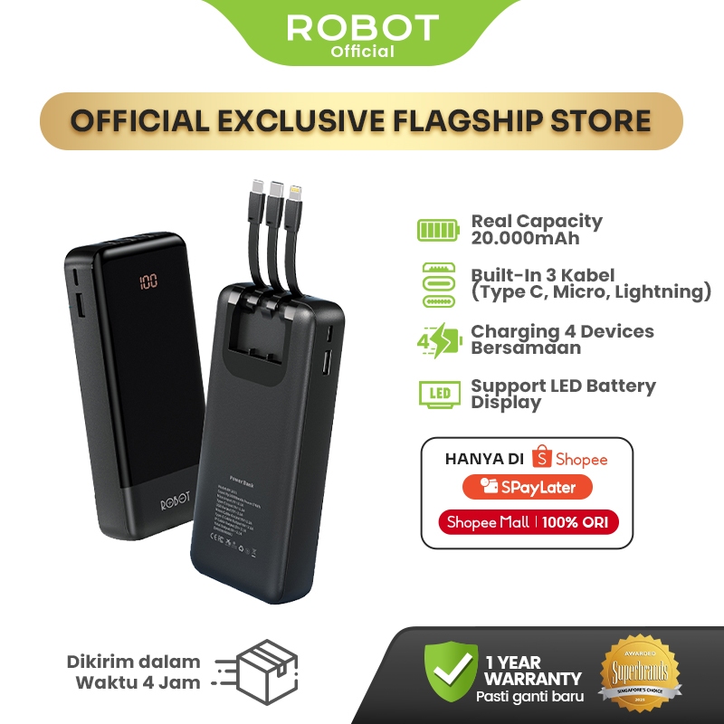 ROBOT Powerbank 20000mAh RP-201L Fast Charging 2.1A 3 Kabel Type-C Lightning Micro - Bisa Dibawa ke 