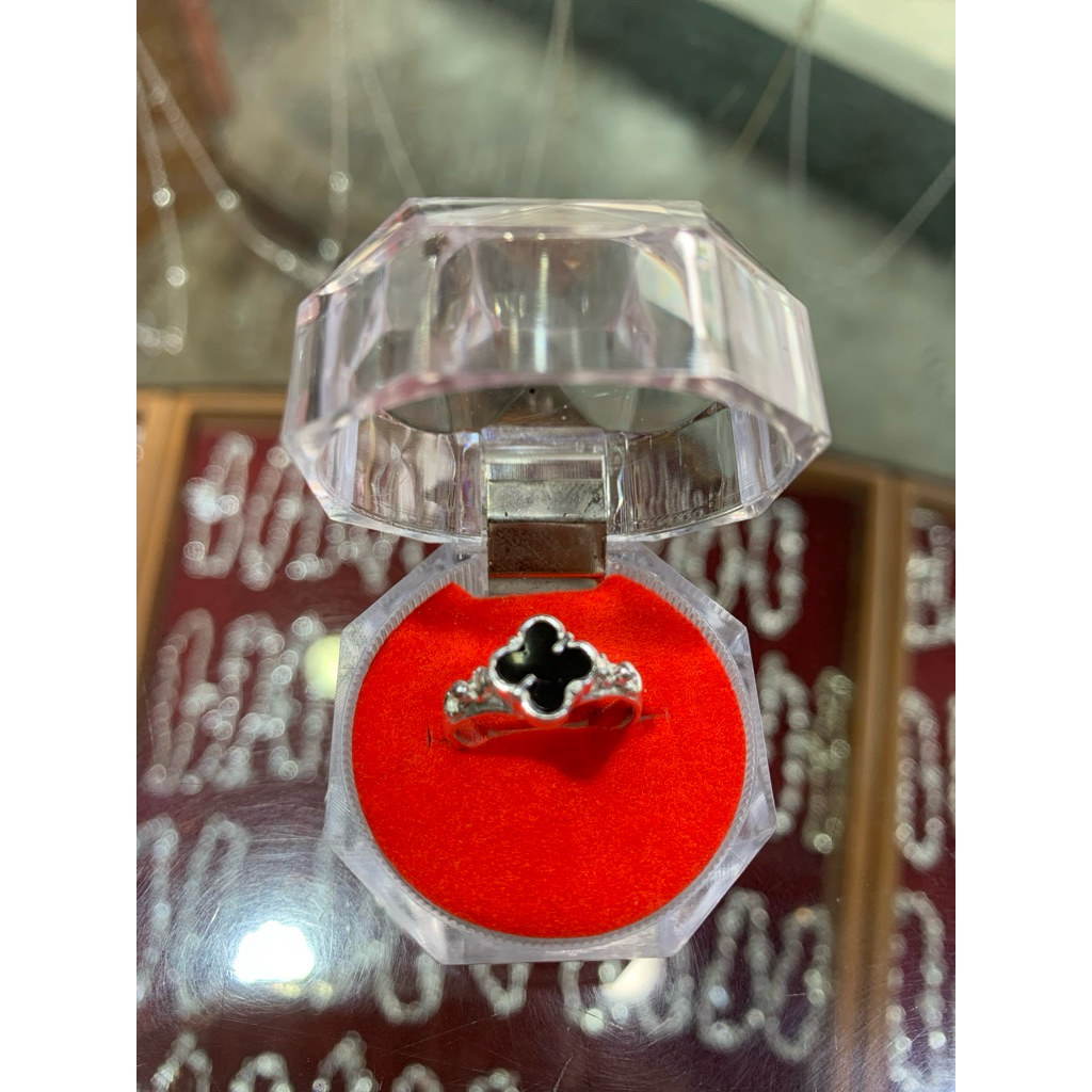 Cincin perak permata hitam bunga size 9
