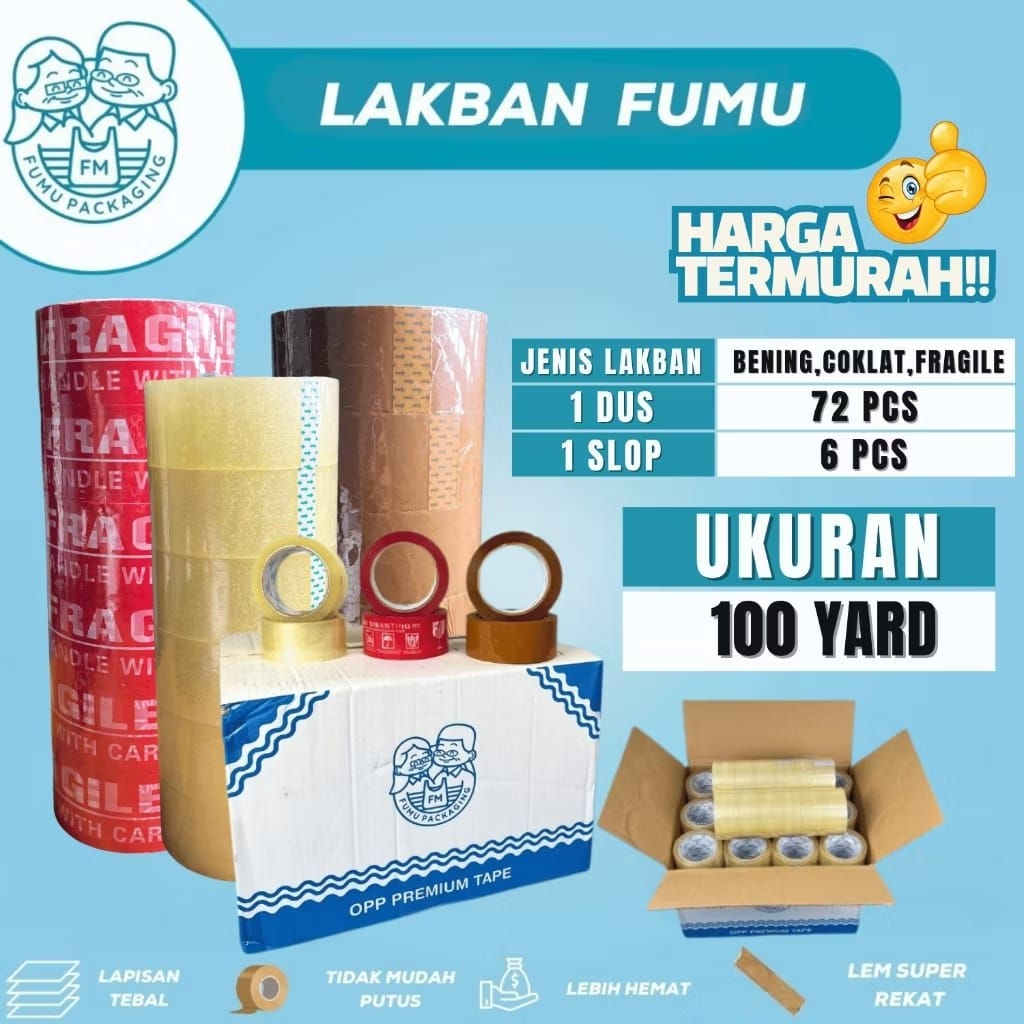 Lakban Premium Lem Kuat 100 yard - Bening - Coklat - Fragile/Lakban Kuat/Lakban murah