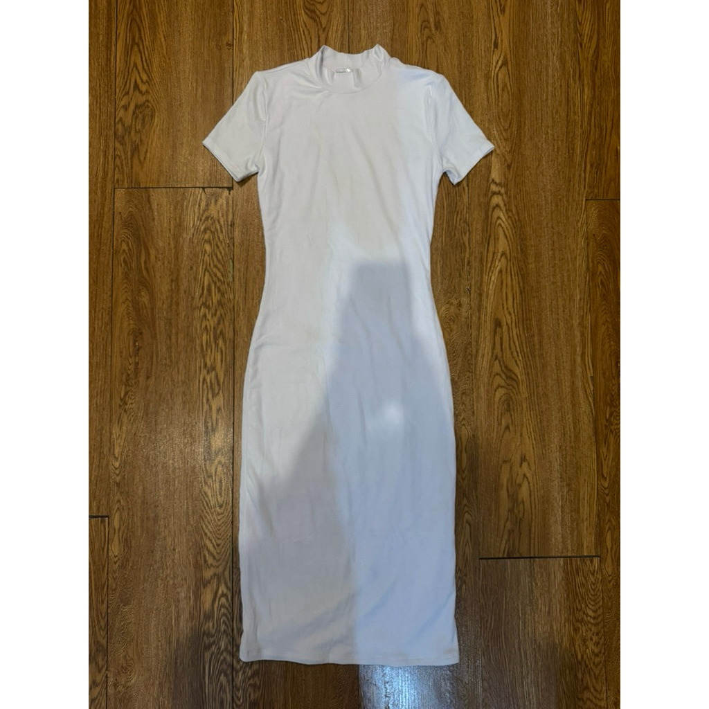 midi dress fitted body rib knit double layer putih white crew neck turtle neck no long maxi dress