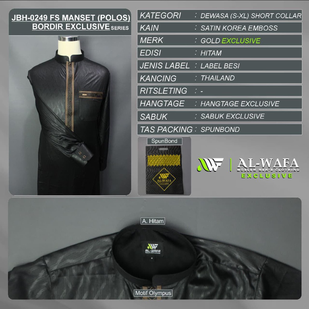 GAMIS AL-WAFA DEWASA KHUSUS HITAM MEDIUM GOLD SATIN KOREA