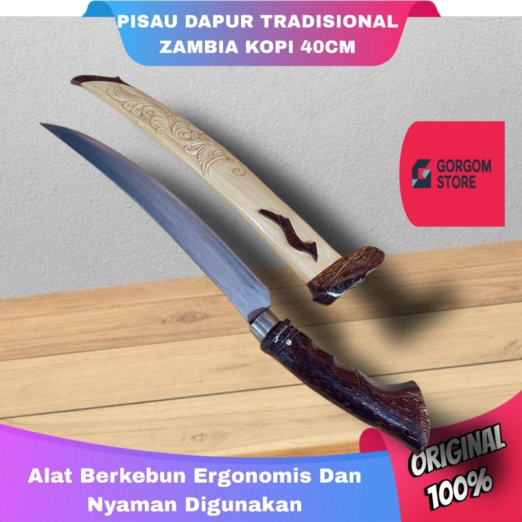 GORGOM Pisau Zambia Sembelih Asli Baja Putih Kayu Kopi Super