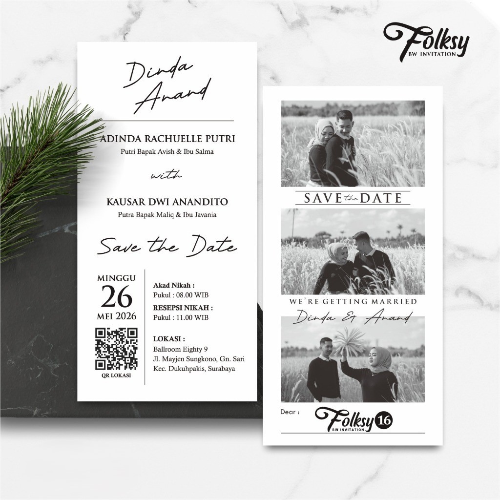 UNDANGAN NIKAH SIMPLE ELEGAN GOPEK BW - UNDANGAN PERNIKAHAN 1 LEMBAR GLOSSY INVITATION FOLKSY