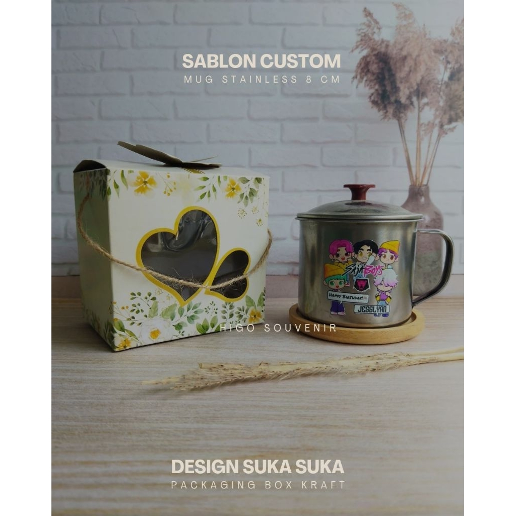 GELAS MUG ENAMEL STAINLESS SATUAN UKURAN 8 CM + TUTUP SABLON SOUVENIR PLUS BOX