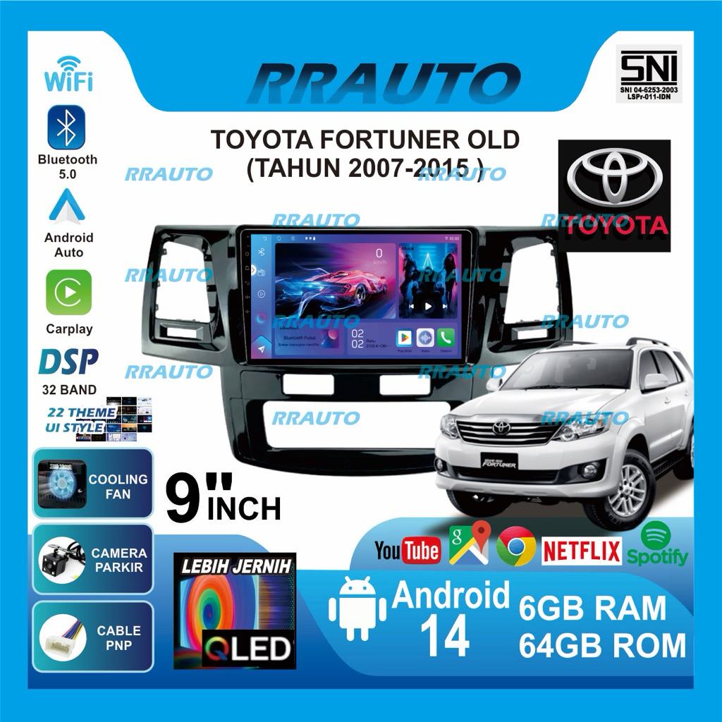 Headunit Fortuner & Hilux TRD VNT 2004-15| 6+64gb RAM ROM,QLED,Android 14,Apple Carplay,AndroidAuto 