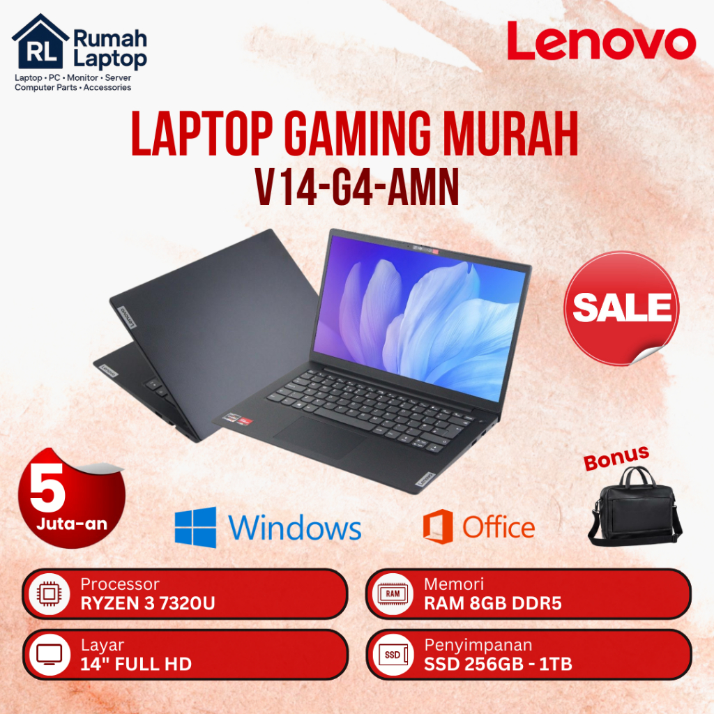 Laptop Lenovo V14 G4 AMN Amd Ryzen 3 - 7320U Ram 8Gb ddr5 Ssd 1Tb 14" Full Hd Vga Radeon Black