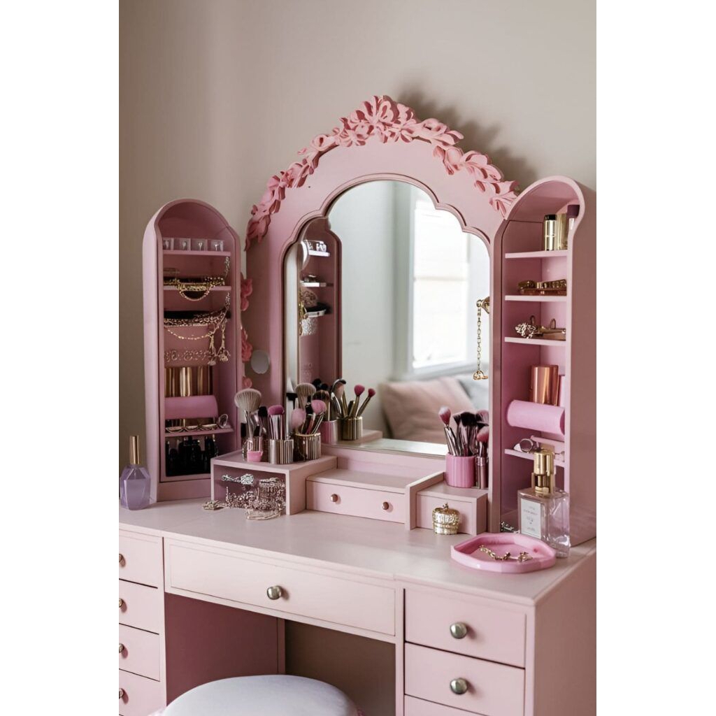Meja Rias Princess Pink Lengkap dengan Laci & Rak Makeup