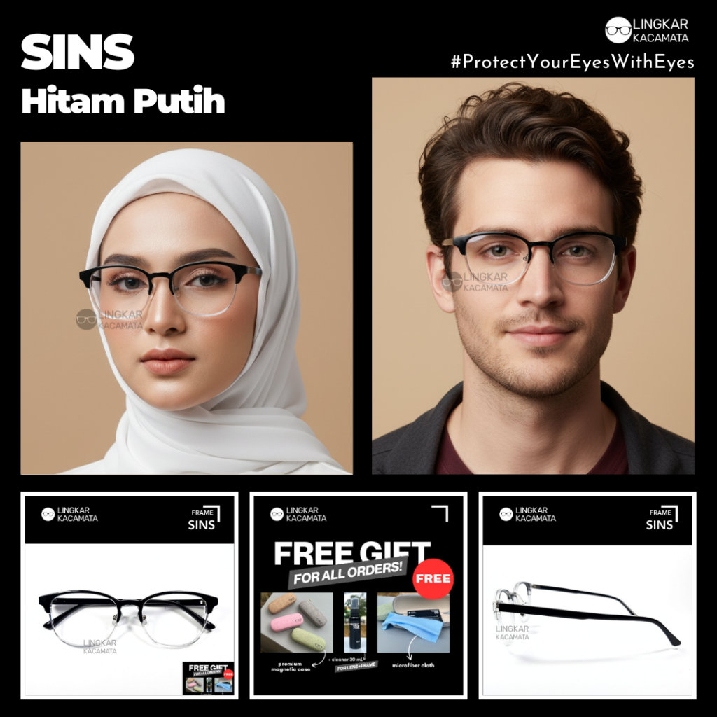 Kacamata SINS Hitam Putih Minus Anti Radiasi Blueray Photochromic Wanita Pria Frame Plastik Kotak