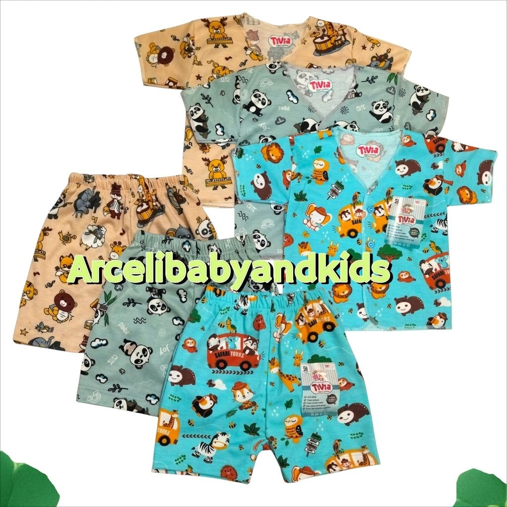 TERBARUU ((6stel)) Setelan Baju bayi Lengan Pendek celana pendek motif full print cewek cowok unisex