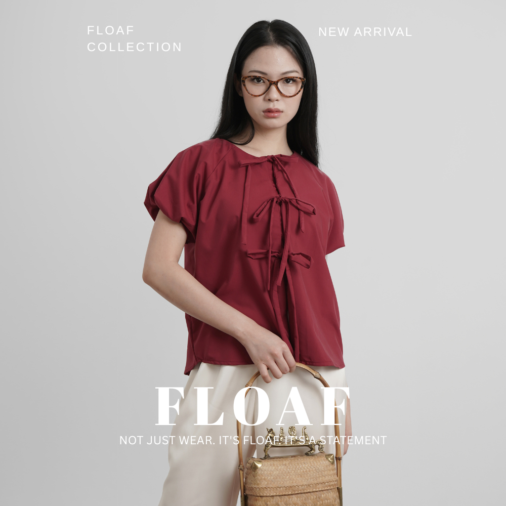 Blouse Wanita Atasan Blus Tali Ikat Depan Leher Cheongsam Merah Maroon Lengan Pendek FLOAF