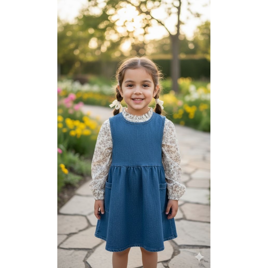 (READY) kinafa -(4/5- 6/7T) 2in1 dress jeans katun bunga N1603