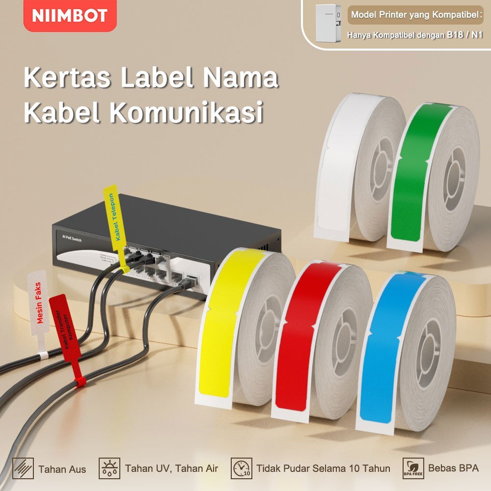NIIMBOT N1 Stiker Label Kabel Tahan Air untuk Kabel Jaringan, Serat Optik, dan Proyek Listrik di Rua