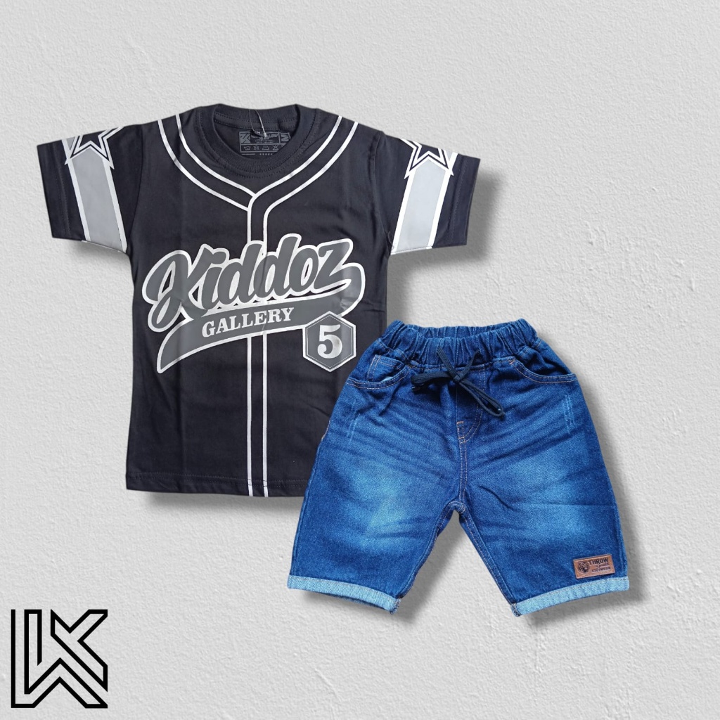 Setelan Kaos BaseBall Celana Jeans Stik Balik Anak Usia 4-12 Tahun | Bahan Katun 30s