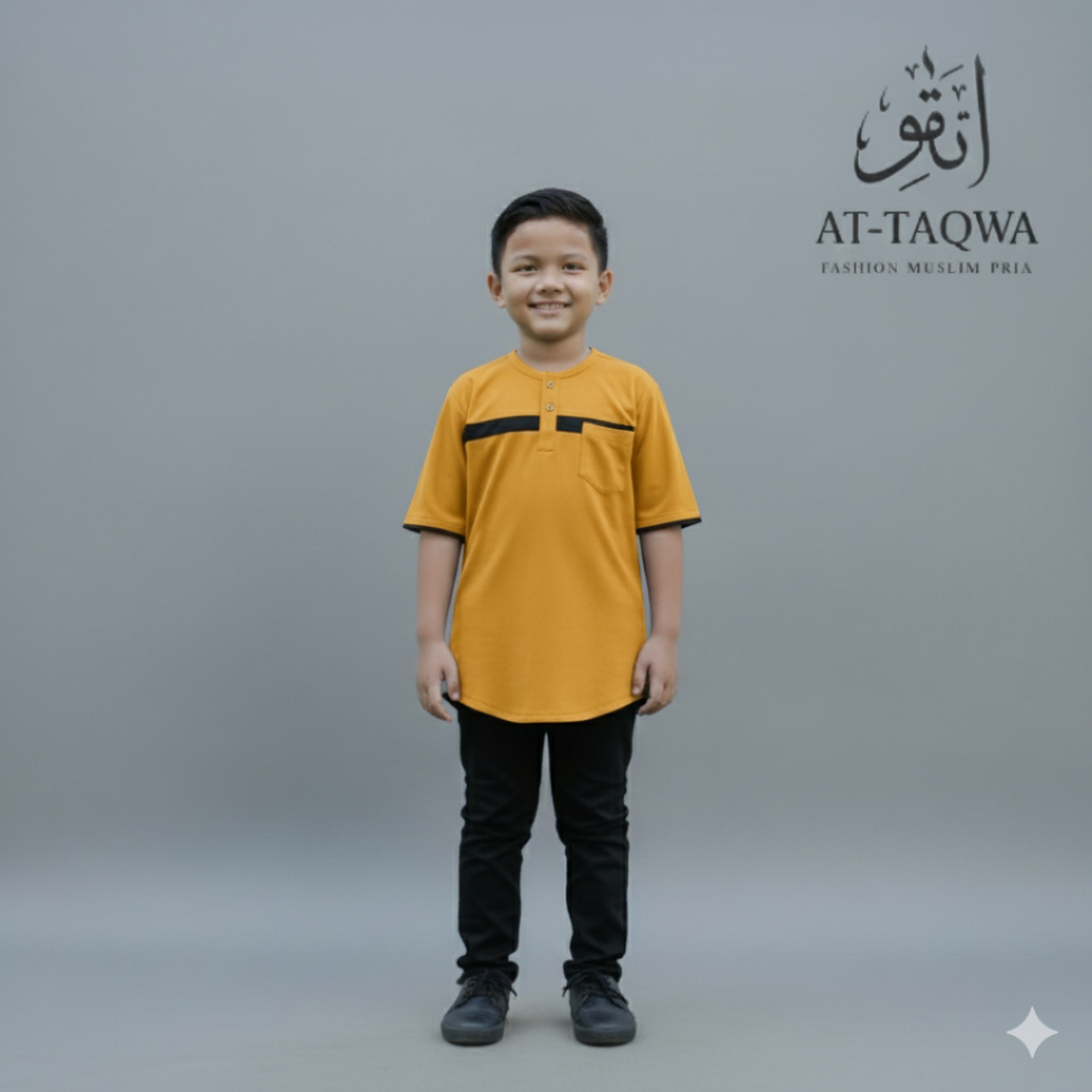 Baju Koko Kurta Anak Laki-Laki Warna Kuning - Bahan Kaos Polo Pique Kurta Tunik Anak Modern I Stylis