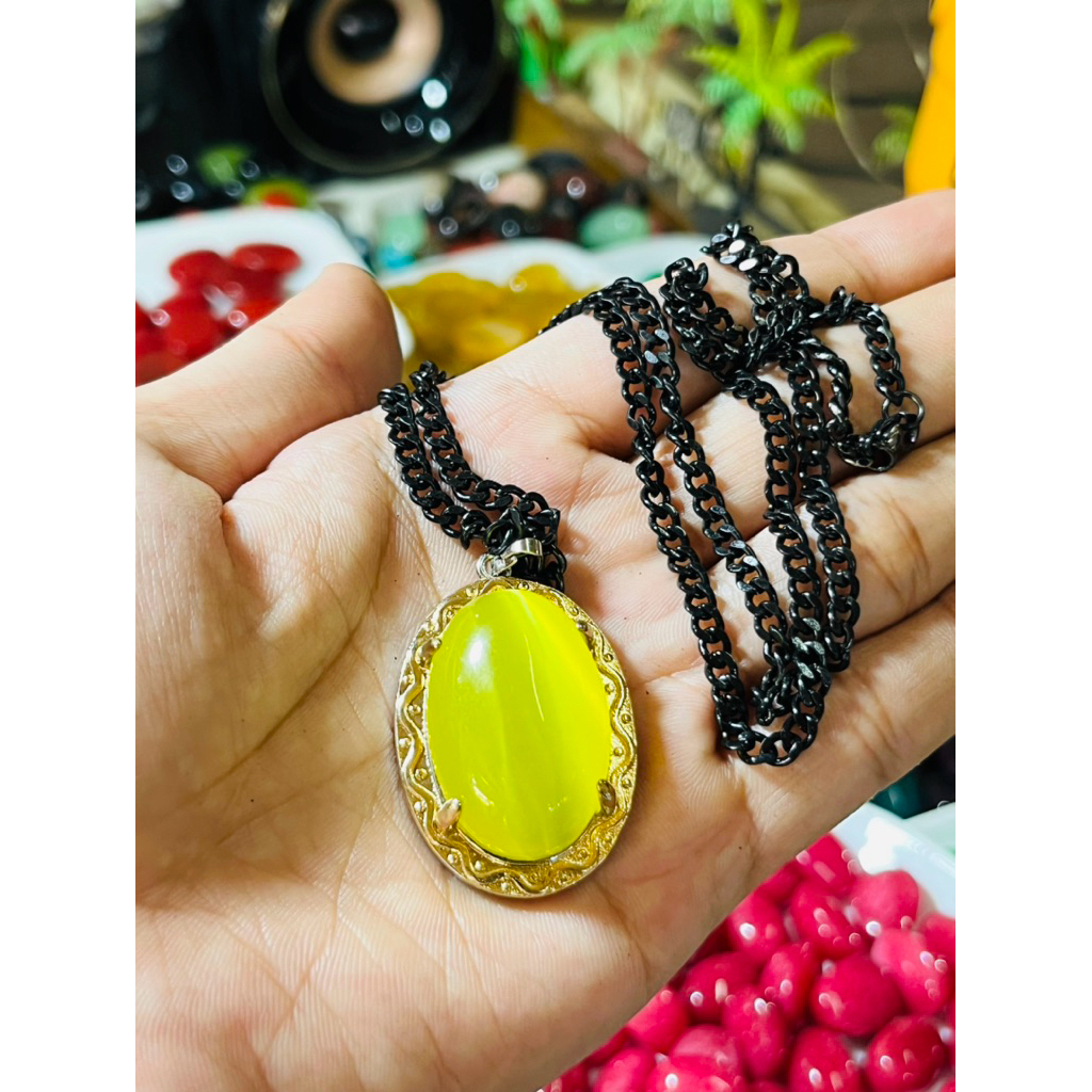 Batu akik yellow cat aye model kalung liontin titanium