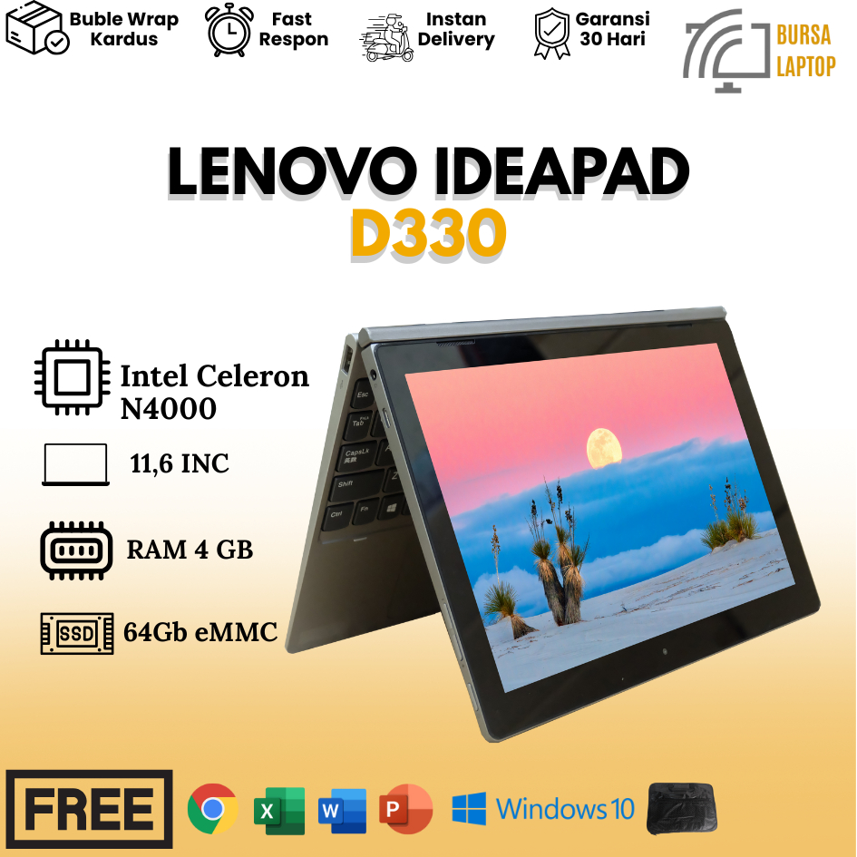 Lenovo Ideapad D330 2in1 Touchscreen Intel Celeron N4000 Siap Pakai Bergaransi